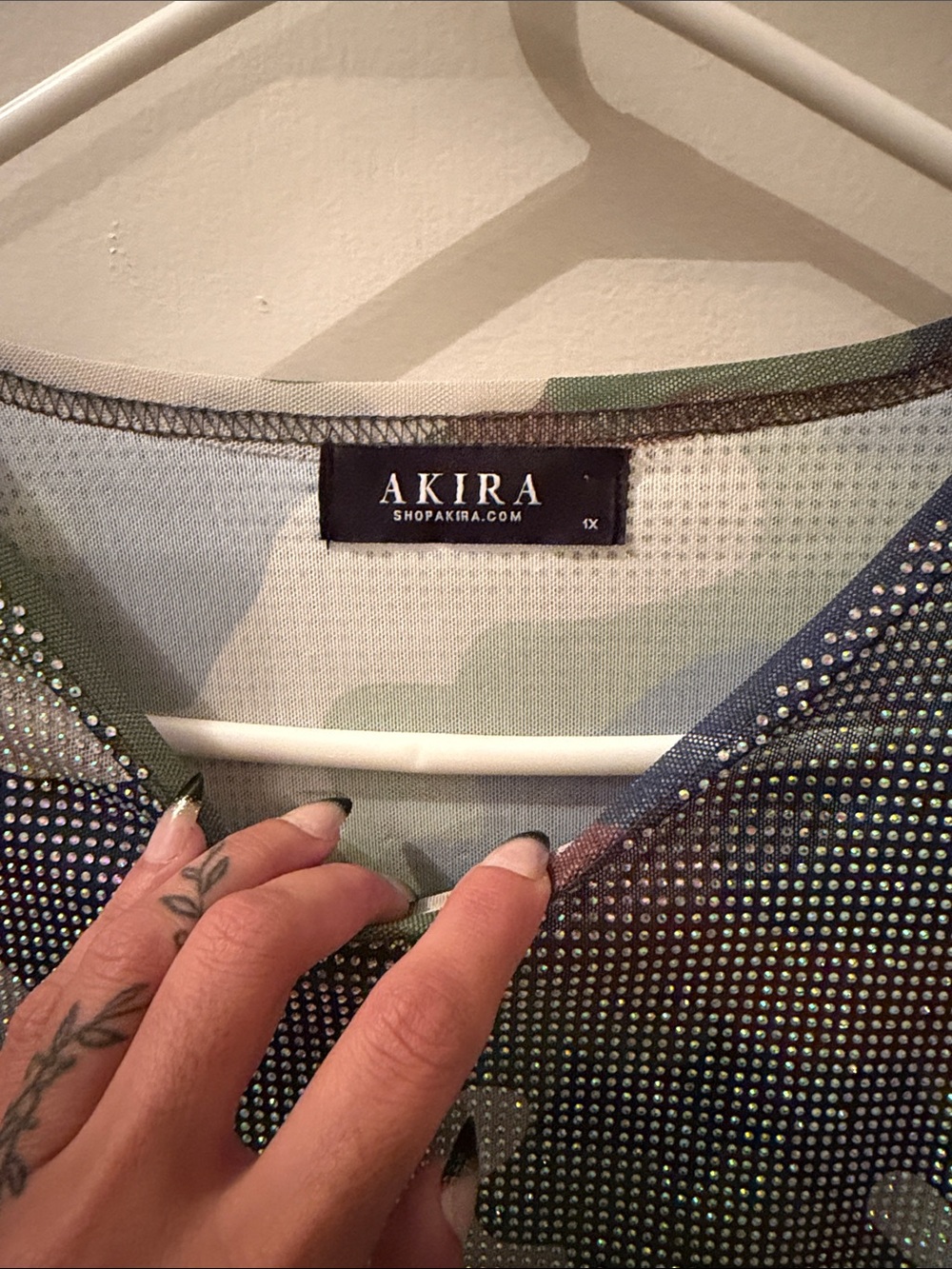 AKIRA Green Camo Sheer Rhinestone Long Sleeve Top - Picture 4 of 4